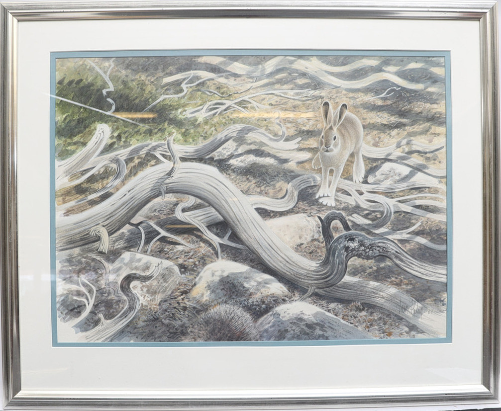 LARS HOLM. Naturbild med hare, akvarell, signerad och daterad 87.
