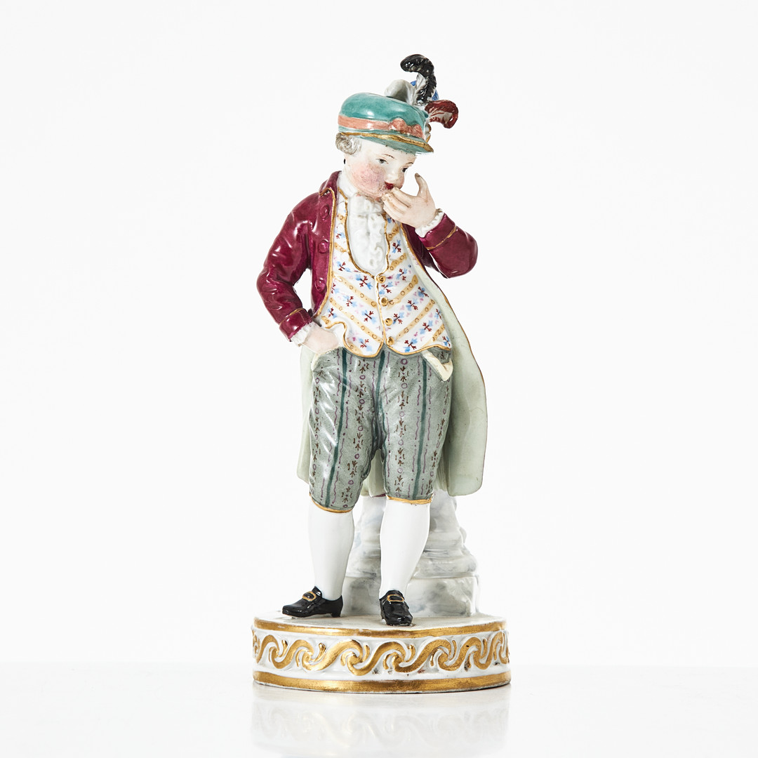 MICHEL VICTOR ACIER. "Skadeglädje", figurin, porslin, Tyskland, 1800-talets slut, Meissen (etabl. 1710), polykromt bemålad, detaljer i guld.
