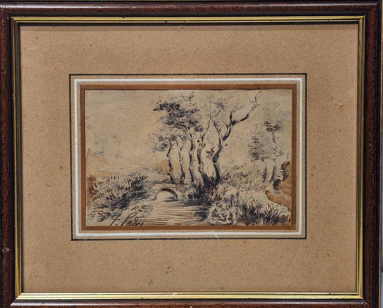TOMÁS PADRÓ PEDRET (1840-1877). Paisaje con figuras. Lápiz y tinta sobre papel.