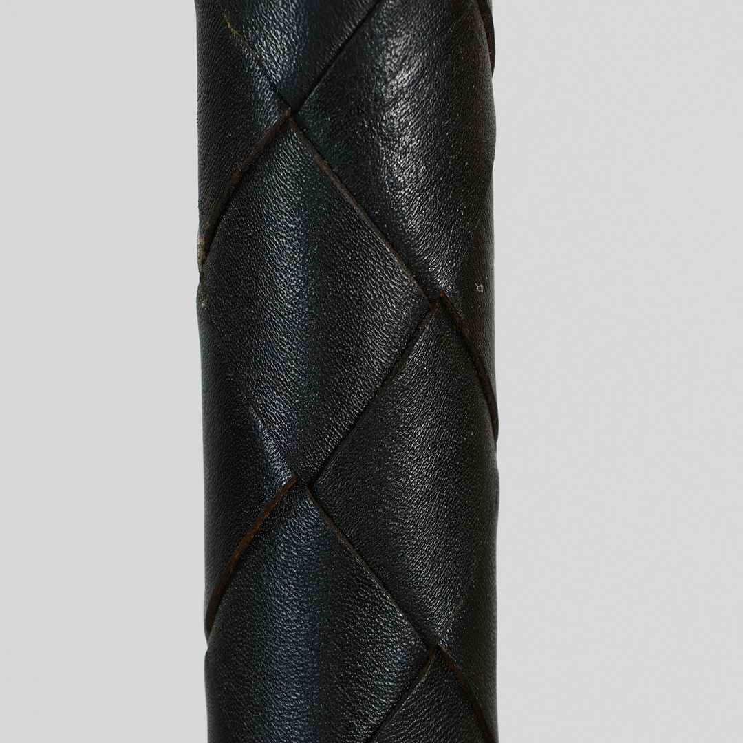 JO HAMMERBORG. “Flet”, standerlampe af aluminium og flettet sort læder, Fog & Mørup, Danmark, 1960'erne.