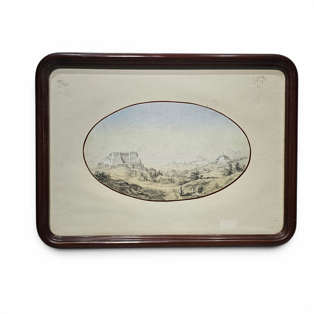 H.E. 1854. Dibujo original de Castillo sur de Italia. Lápiz y lapices de colores sobre cartonné.