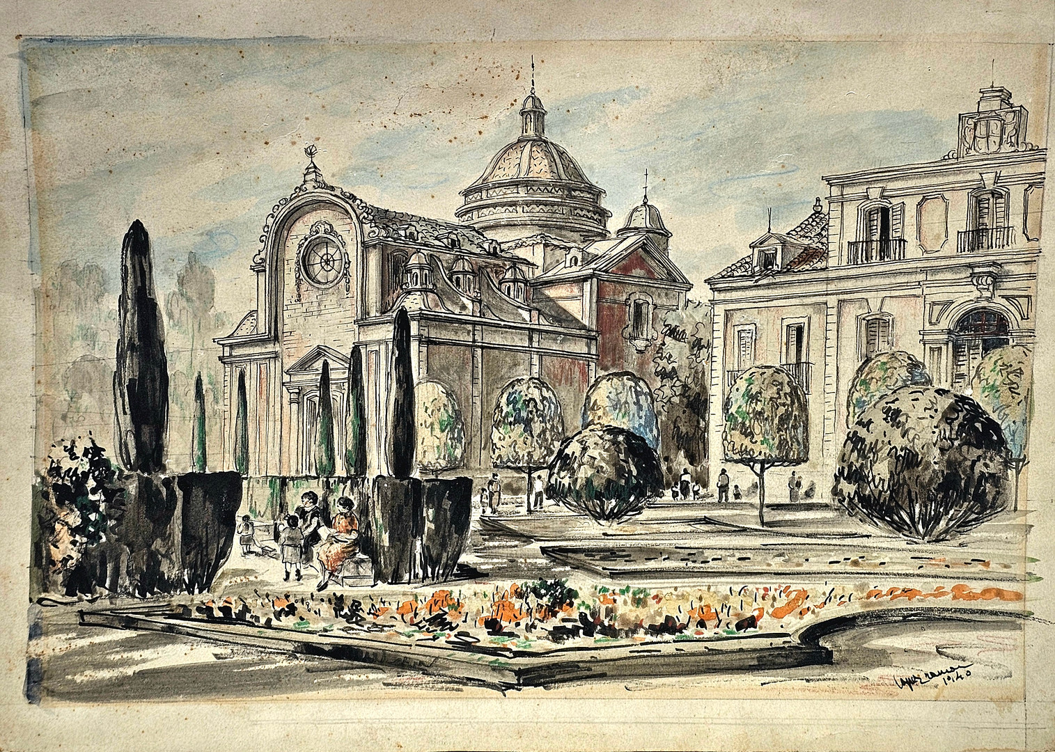 RAMÓN LÓPEZ MUÑOZ (1905 – 1983). Parque e Iglesia de la Ciutadella de Barcelona. Lápiz, tinta, gouache y rotulador sobre papel. Año 1940.