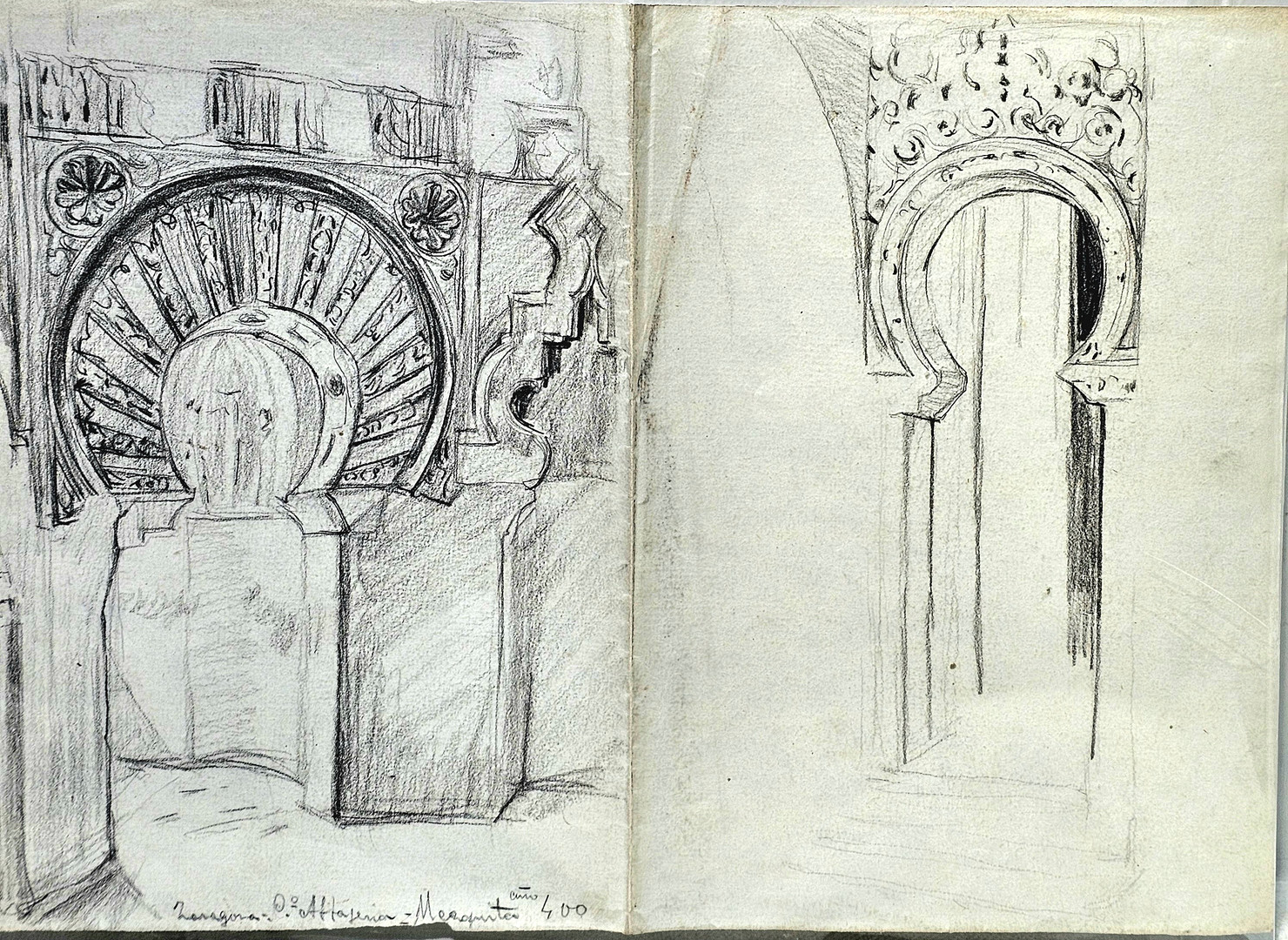 JOSEP LLUÍS PELLICER (1842-1901). Puerta Mezquita Castillo Alfajería de Zaragoza. Lápiz sobre papel. Hacia 1872-1876.
