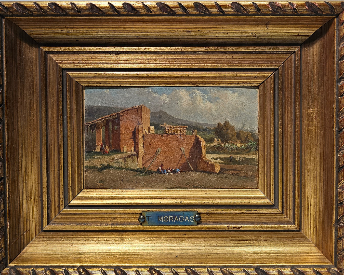 TOMÁS MORAGAS (1837 – 1906). Paisatge amb arquitectura i figures, óleo sobre cartón. Circa 1870-1875.