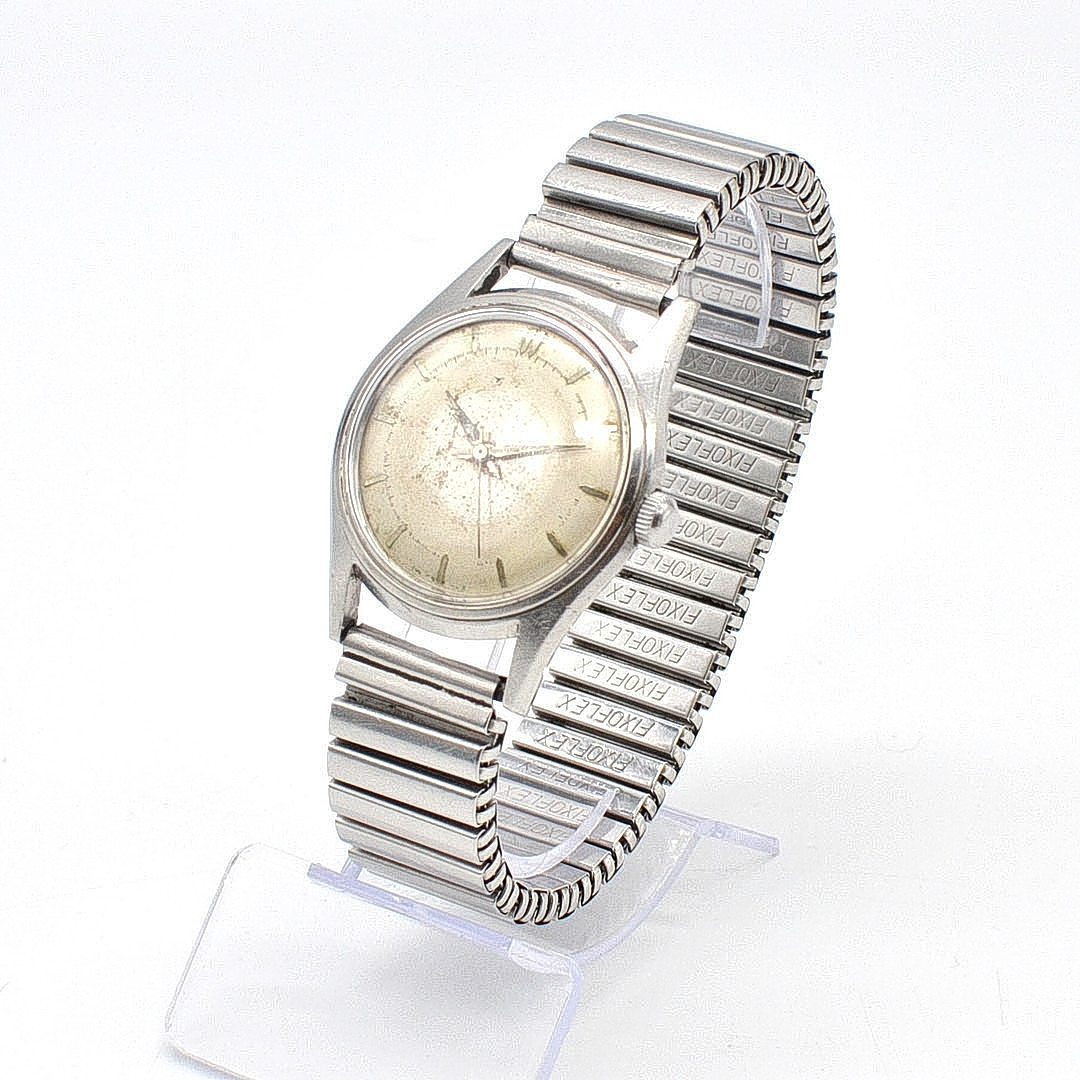 HERRENARMBANDUHR MIT FLEXBAND, MECHANISCH, UNBEKANNTE MARKE, AUS EDELSTAHL, 1950ER.