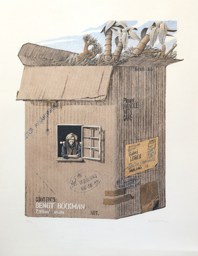 BENGT BÖCKMAN. komposition med hus, färglitografi, signerad, numrerad 247 / 333 Bengt Böckman -75.