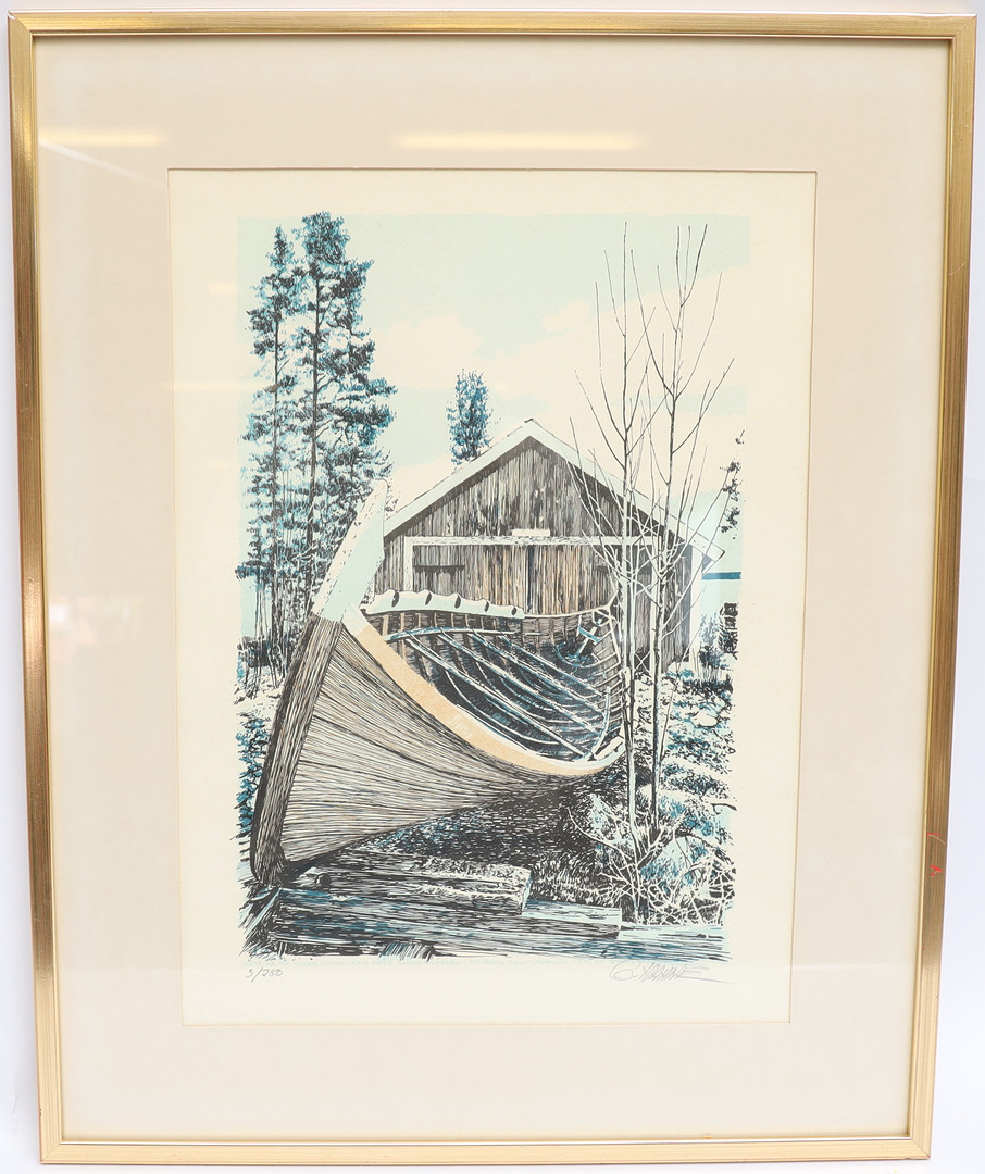 GÖRAN HAHNE. Båthus med båt, färglitografi, signerad och numrerad.