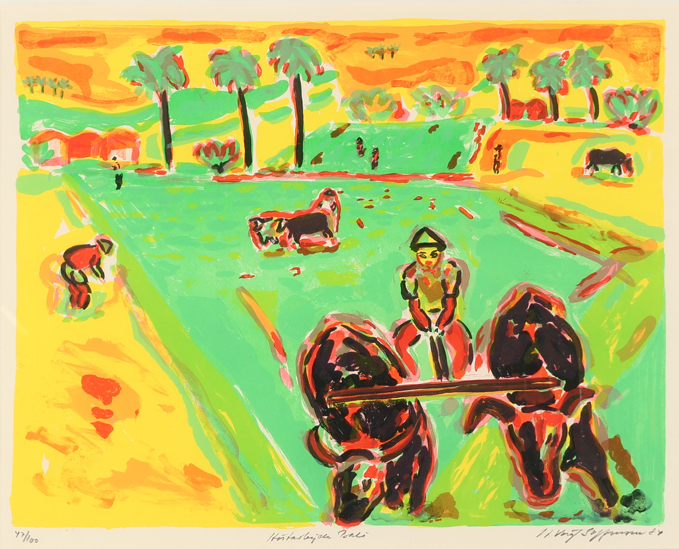 HANS VOIGT STEFFENSEN (F. 1941). ' Høstarbejde, Bali ', litografi, nr. 47/100, signeret. 1984. Danmark.