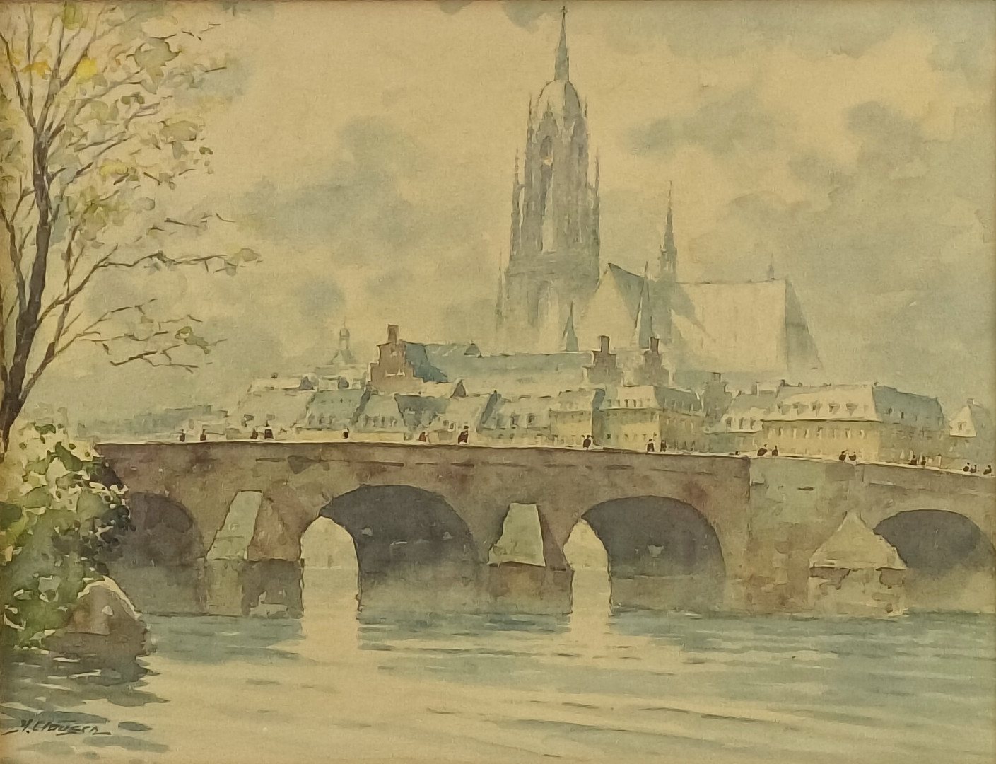 CLAUSEN, HELMUT. Frankfurt am Main, Blick über den Main auf die Alte Brücke und den Frankfurter Dom St. Bartholomäus, Aquarell auf Papier.