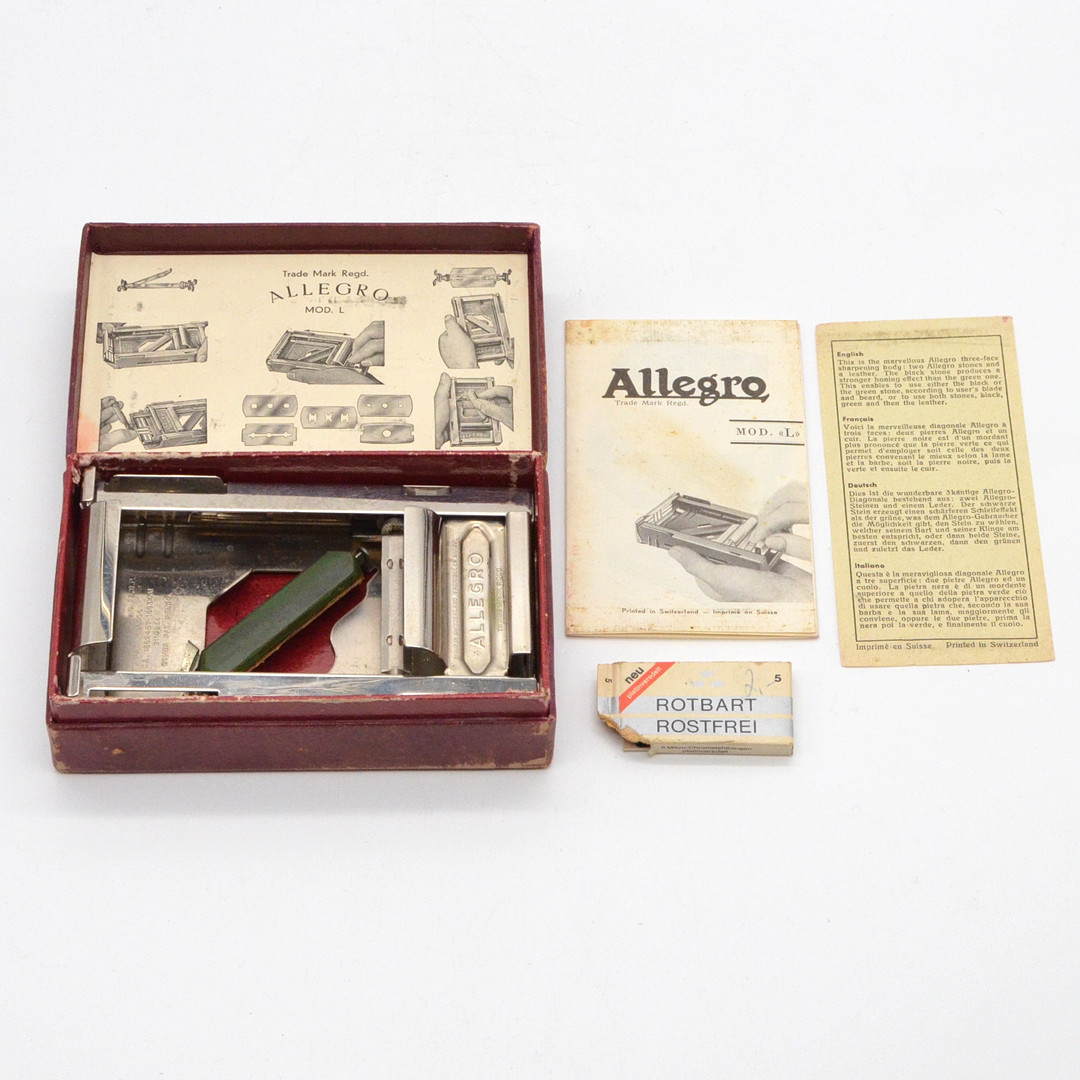 ALLEGRO, MOD. L., AUTOMATISCHER SCHLEIF- UND ABZIEHAPPARAT FÜR RASIERKLINGEN, SCHWEIZ, FRÜHE 20. JAHRHUNDERT.