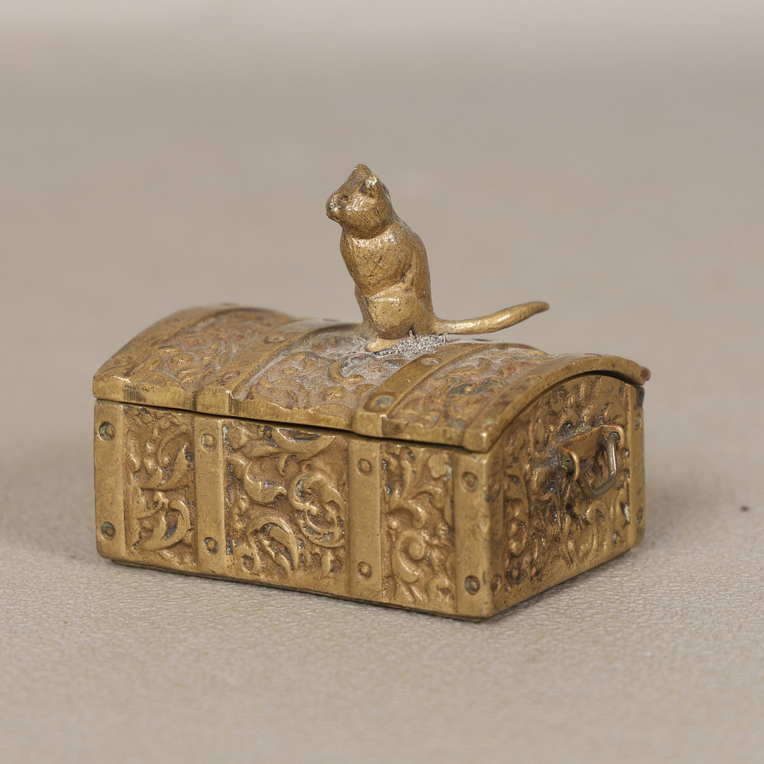AN EARLY 20TH CENTURY NOVELTY BRASS STAMP BOX IN THE FORM OF A CAT ON A CHEST.