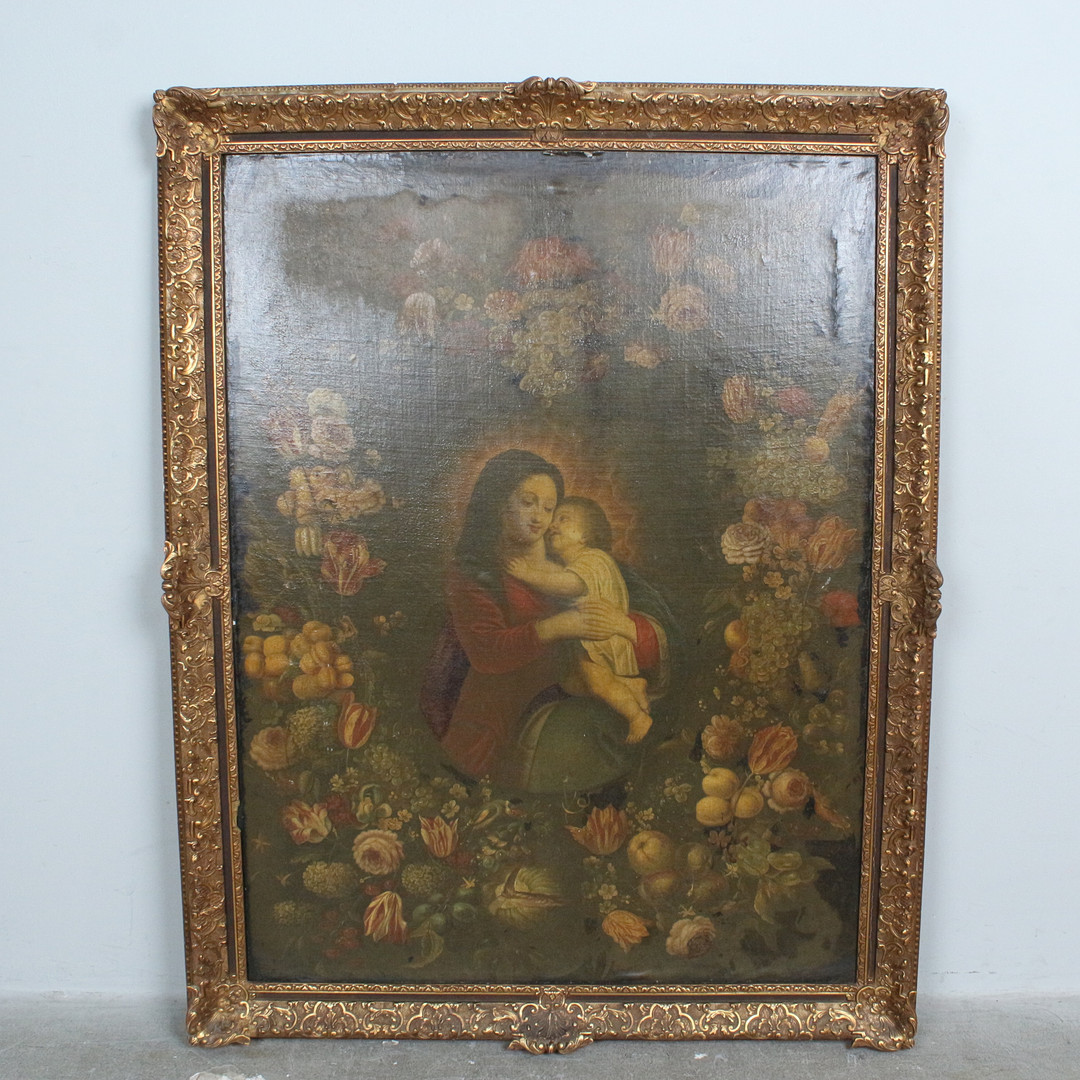 Unbekannter Künstler , Öl auf Leinwand, '' Maria mit dem Kind im Blumenkranz '' 18 - 19. Jahrhundert.