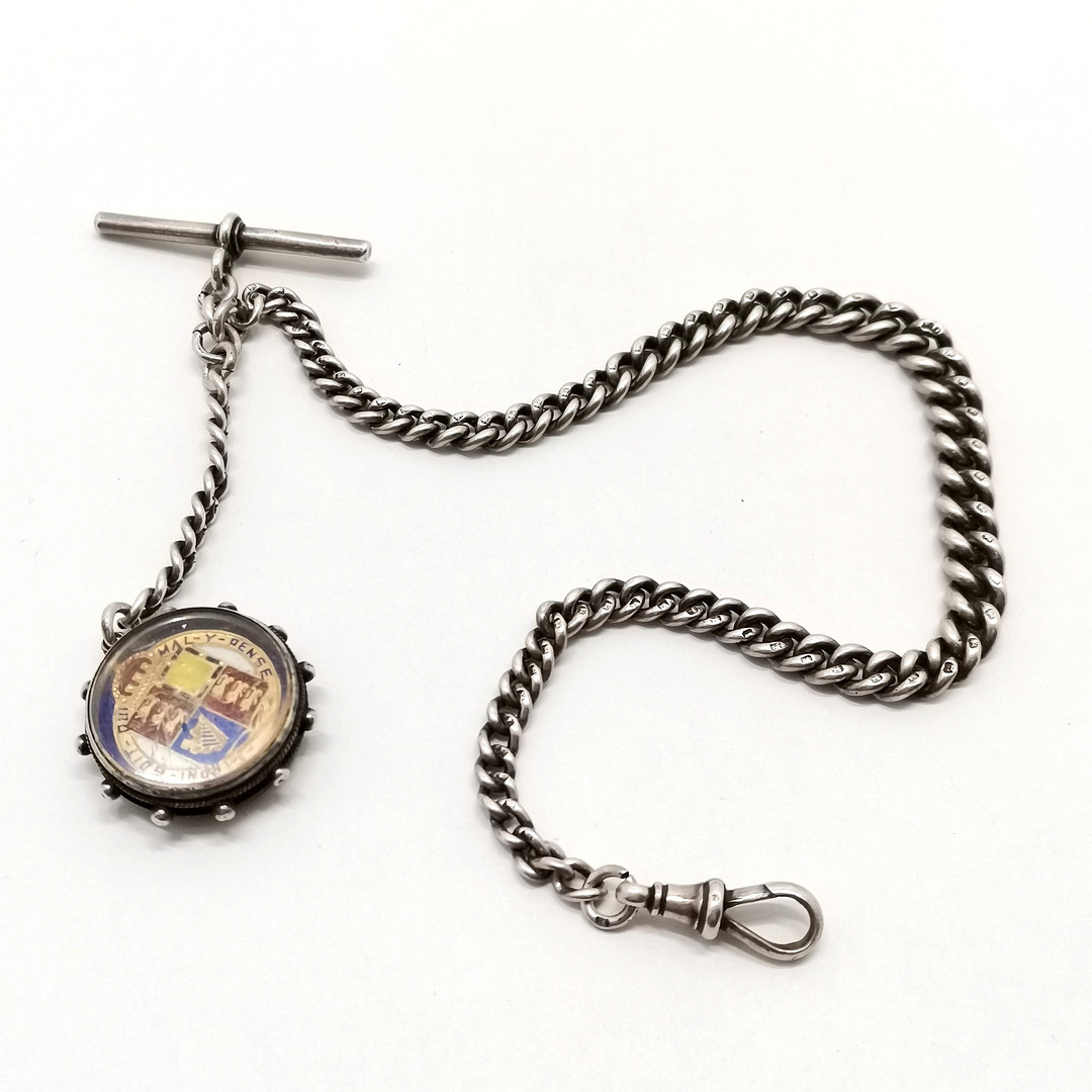 ANTIQUE GRADUATED ALBERT CHAIN W/ ENAMEL 1887 COIN FOB.