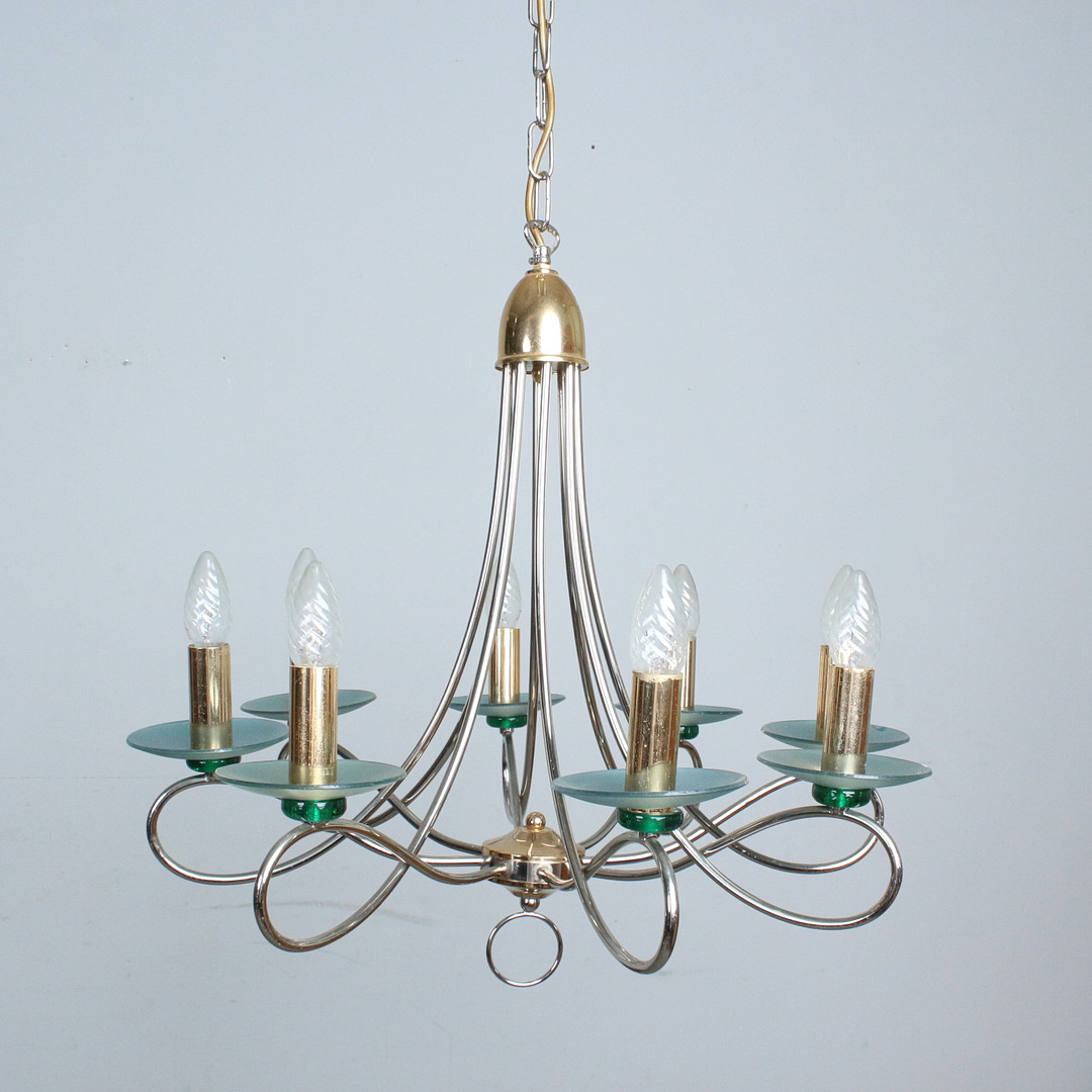BONALUX. 6-flammigen Kronleuchter, Messing, Chrom, Glas, 1970er.