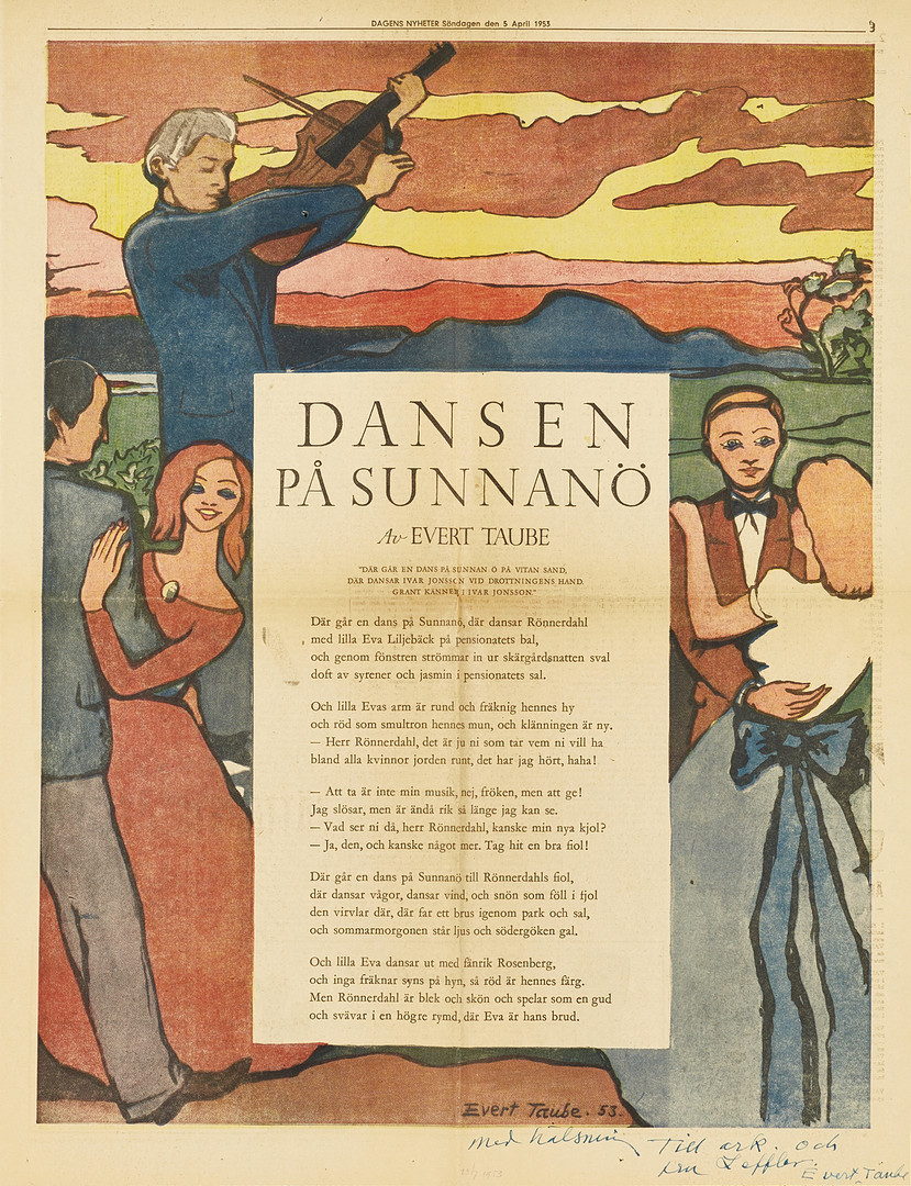 EVERT TAUBE, "DANSEN PÅ SUNNANÖ", egenhändigt signerad och dedikerad tidningssida, Dagens Nyheter 1953.