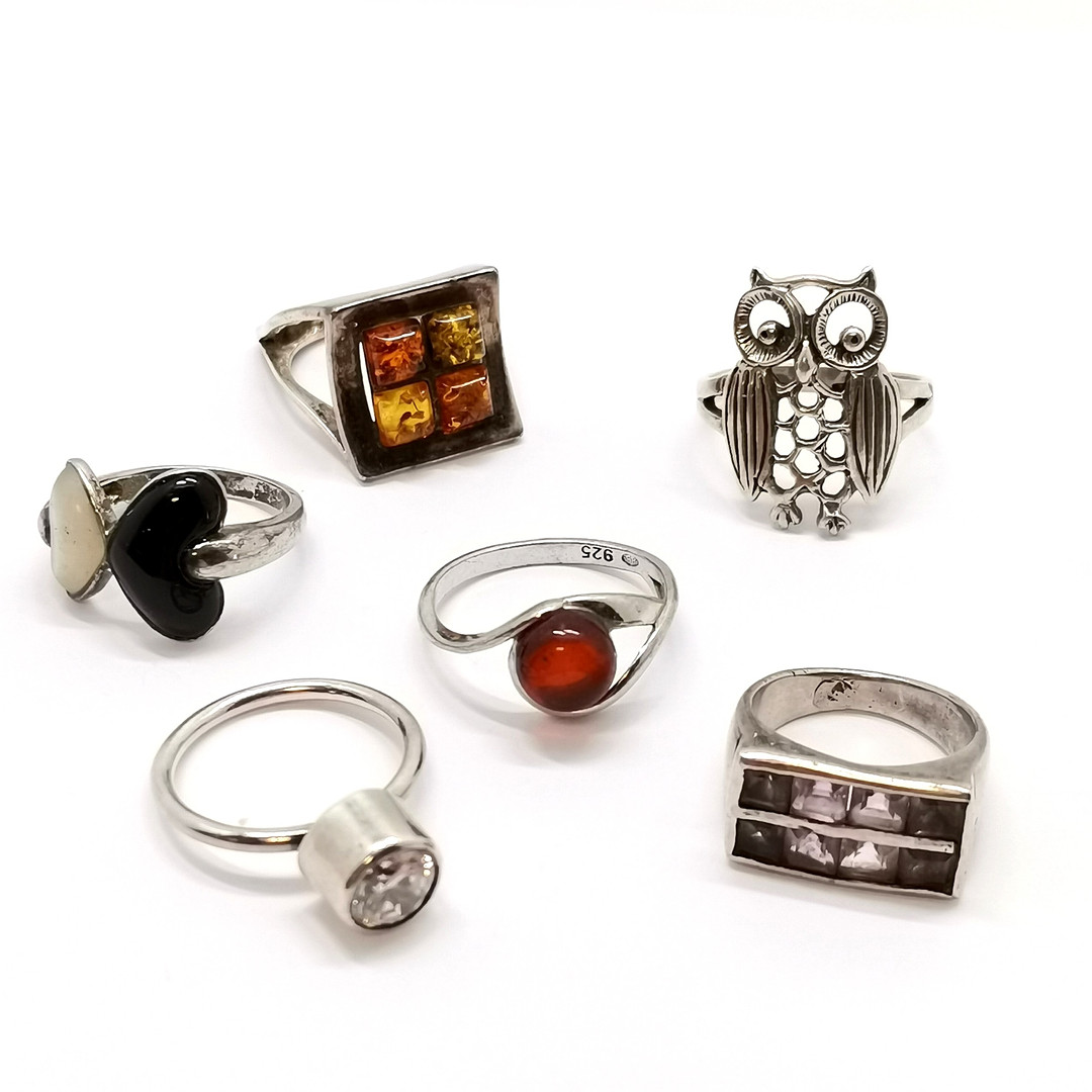 6X SILVER RINGS INC AMBER, DOUBLE HEART, AMETHYST ETC.