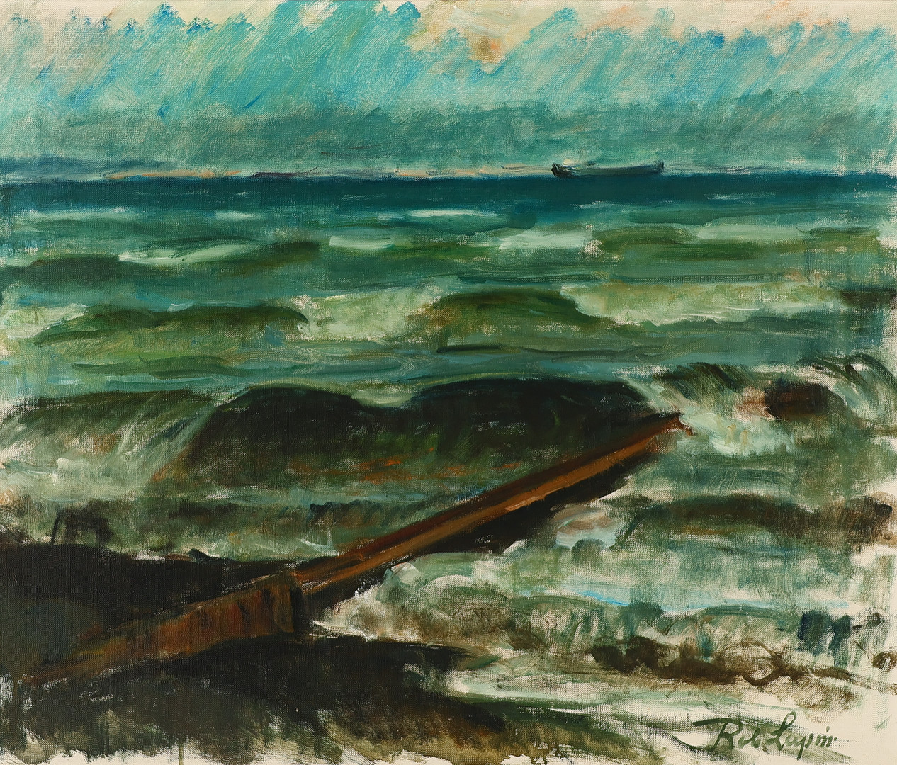 ROBERT LEEPIN 1885-1967. Kystparti med høfde, Olie på lærred. Signeret. Danmark.