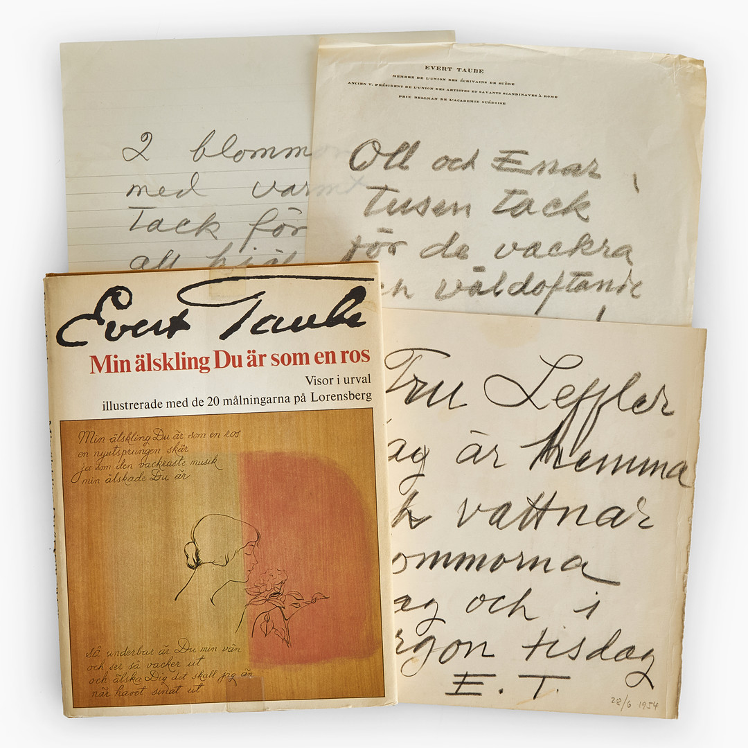 EVERT TAUBE, BREV (3) samt BOK (1), "Min älskning Du är som en ros", egenhändigt signerad och dedikerad julen 1966 samt 3 egenhändigt skrivna och signerade brev.