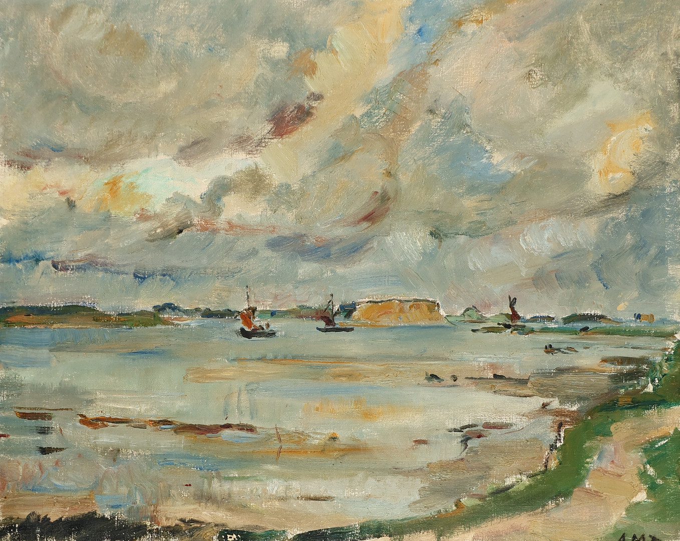 ANNE MARIE TELMANYI (F. 1893, D. 1983). Kystparti med både på fjord Sign. AMT Olie på lærred. Danmark.