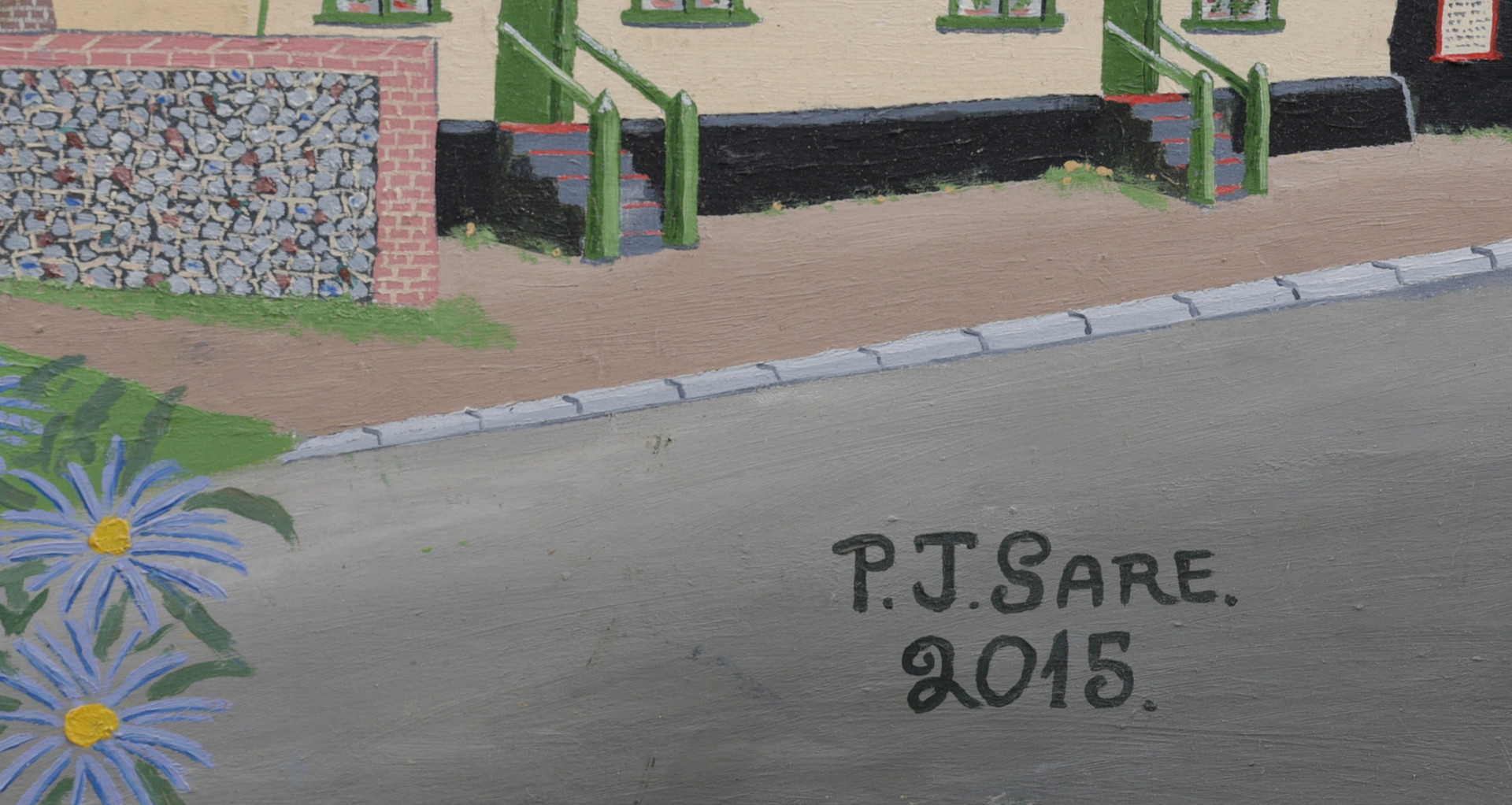 P.J. SARE, OIL ON BOARD VILLAGE SCENE.