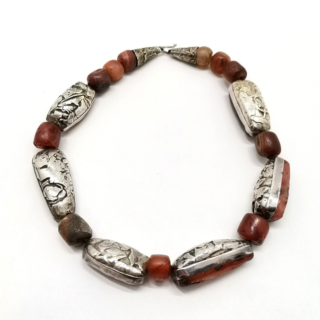 SILVER RAW HARDSTONE & SILVER CLAD BEAD NECKLACE.