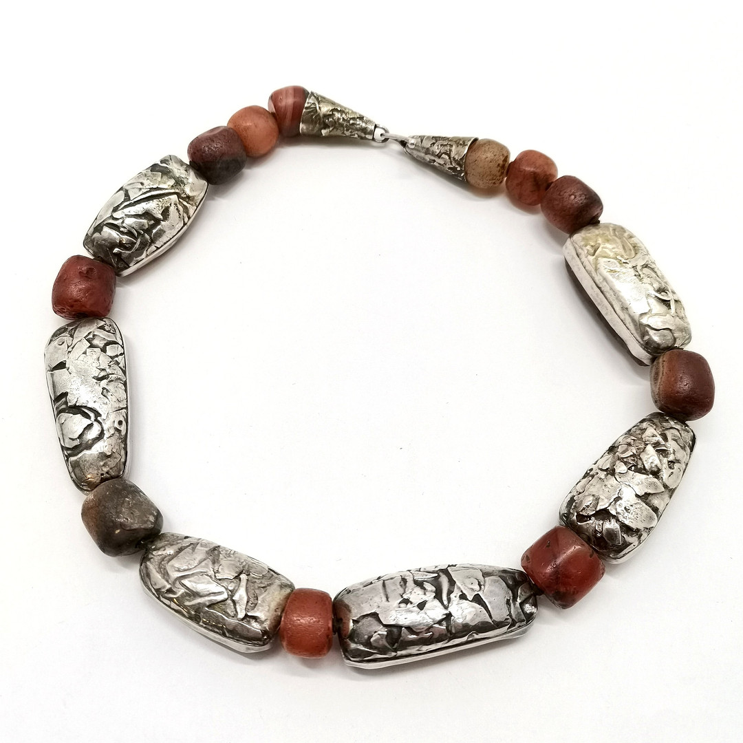 SILVER RAW HARDSTONE & SILVER CLAD BEAD NECKLACE.