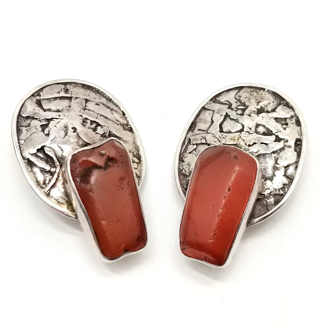 SILVER RAW HARDSTONE PR DESIGNER CLIP-ON EARRINGS W/ MAKERS MARK.