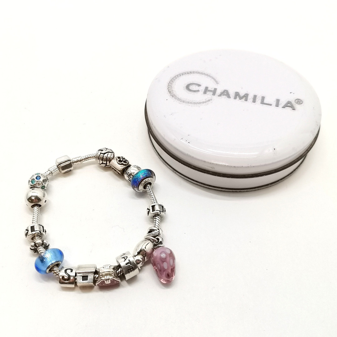 CHAMILIA SILVER BRACELET W/ CHARMS INC ALE IN RETAIL TIN.