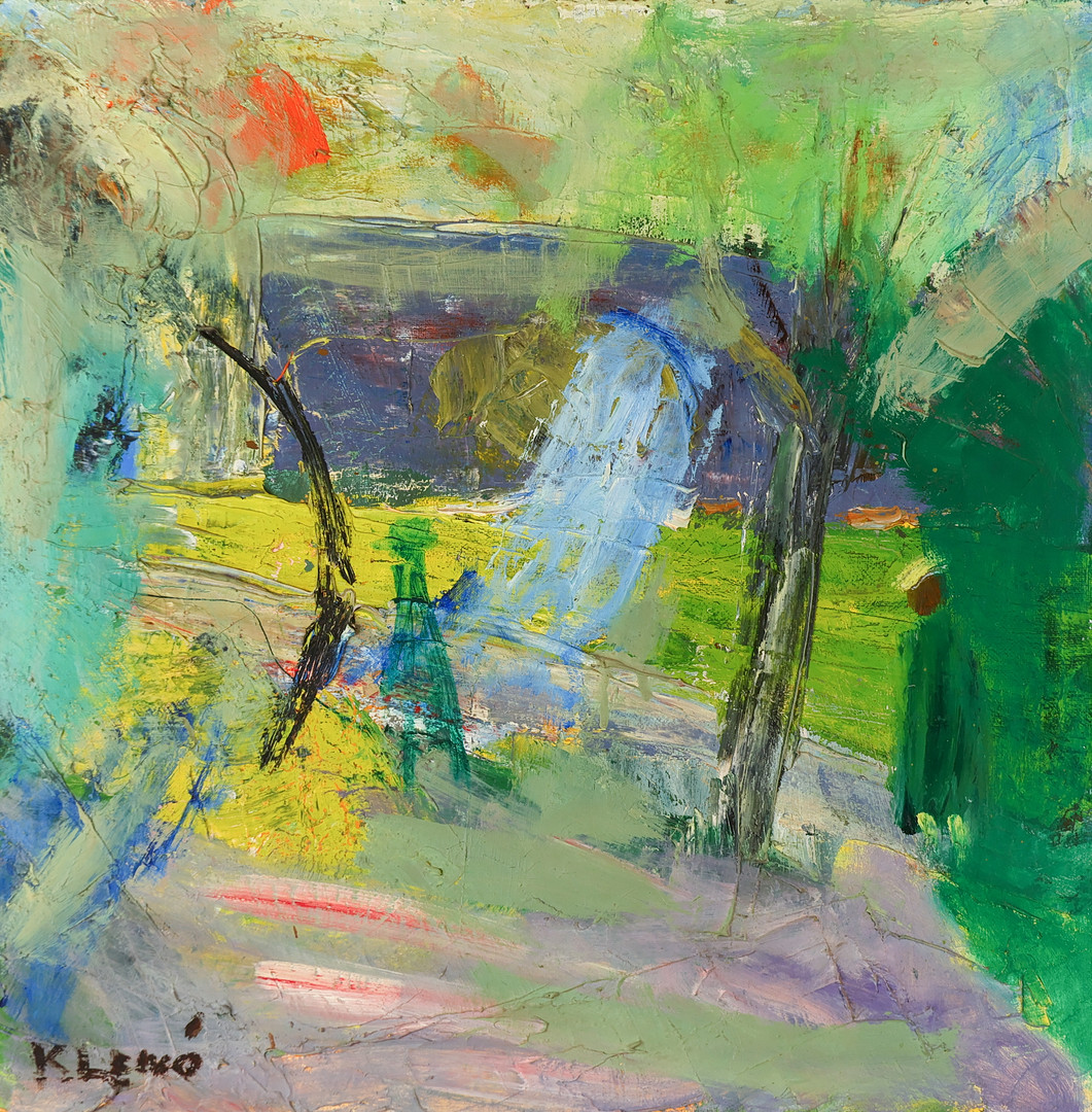 EVGENIJ KLENØ (1921 - 2005). Abstrakt landskab med personer, olie på lærred. Danmark.
