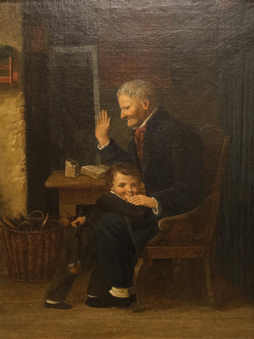 CHRISTIAN ANDREAS SCHLEISNER. OLJA PÅ DUK. INTERIÖR MED ÄLDRE HERRE OCH POJKE. 1800-TAL.