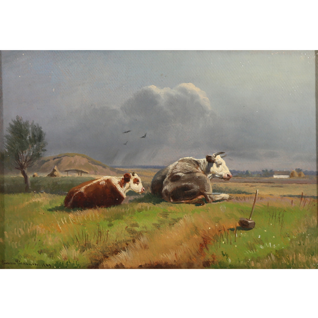 SIMON SIMONSEN (1841-1928). Marklandskab med køer, olie på lærred, 1889.