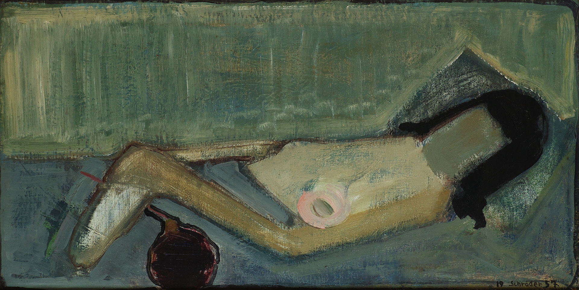 ANTON SCHRØDER (1893-1965). TILSKREVET. Liggende ' nøgen' kvinde. olie på lærred. signeret. 1957.
