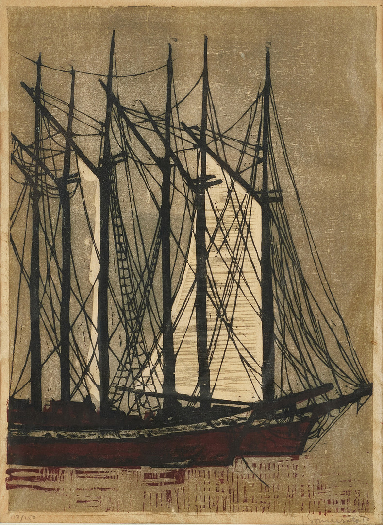 JAAKKO SOMERSALO. "Sailing ships", signerad samt daterad -50, 117/150, träsnitt.