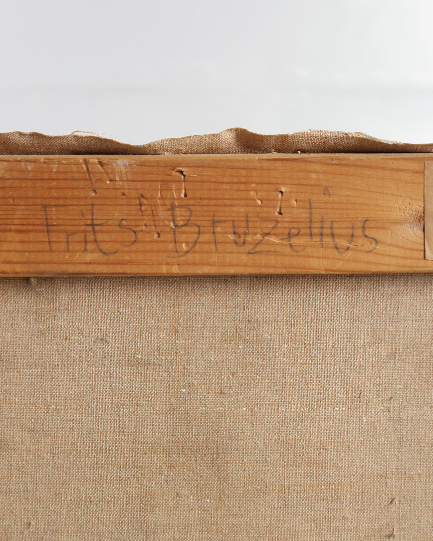 FRITS BRUZELIUS (F. KØBENHAVN 1919, D. 1974). Olie på lærred. Landskab med udsigt til huse. Sign. FB.