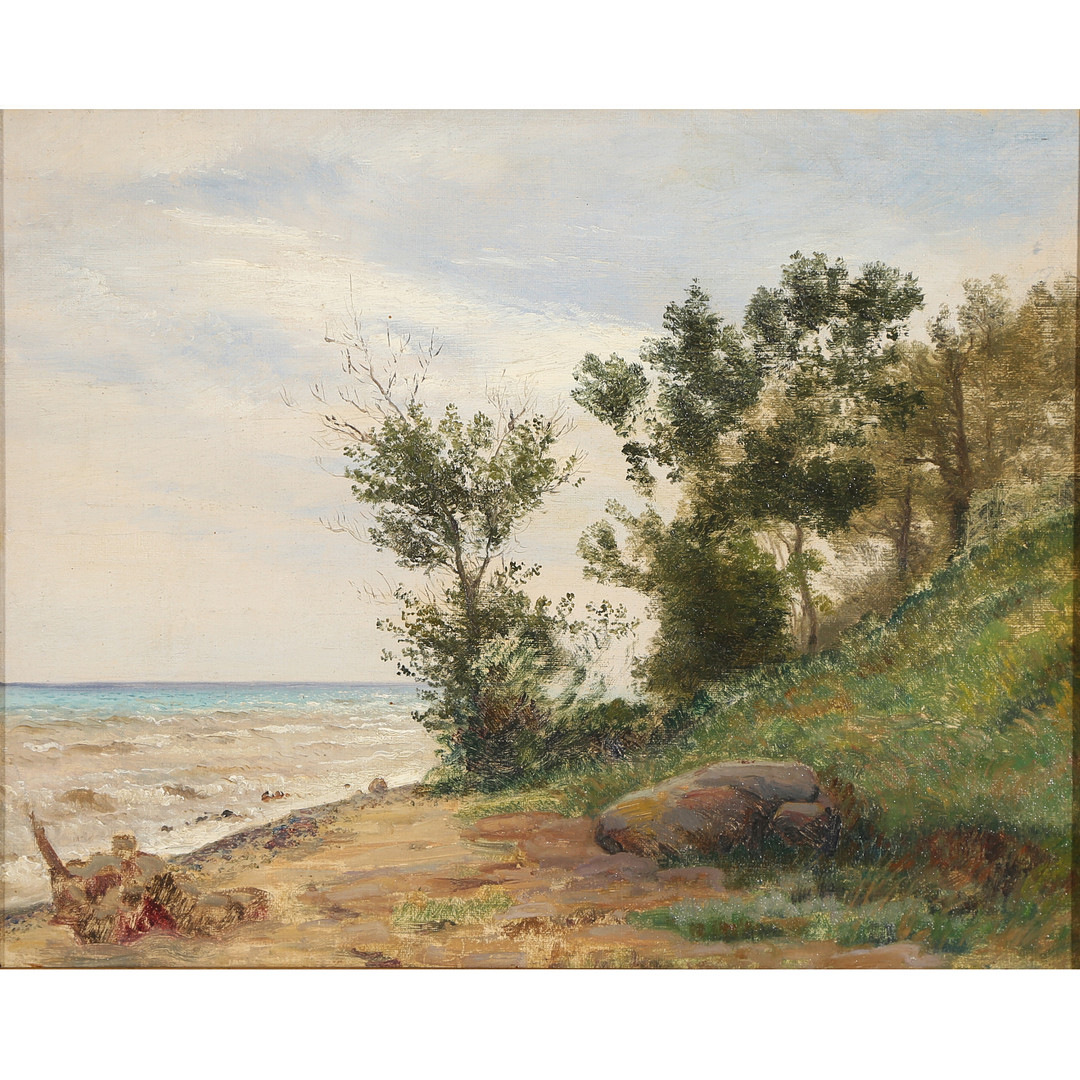 C. F. AAGAARD (1833-1895). Kystparti med træer, olie på lærred opsat på plade.