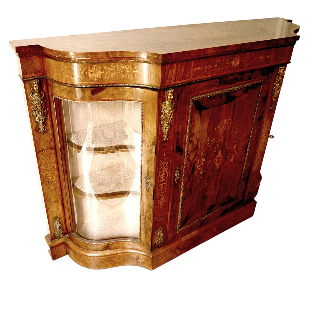 A VICTORIAN WALNUT INLAID CREDENZA.