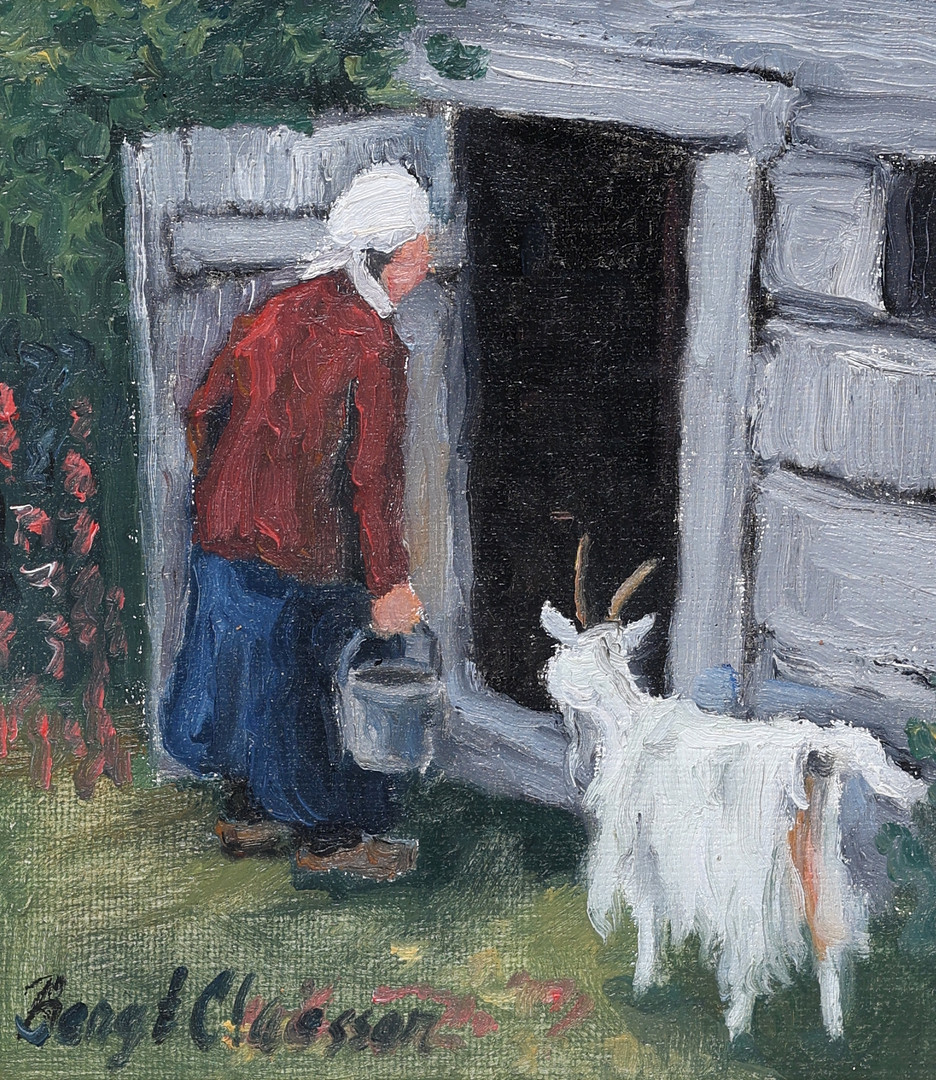 BENGT CLAESSON. Olja på pannå, "Gumma med get", signerad, daterad 1991.