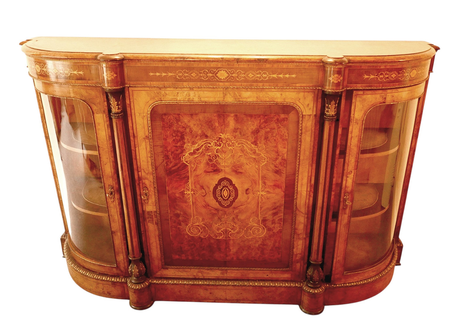 A VICTORIAN INLAID WALNUT CREDENZA.