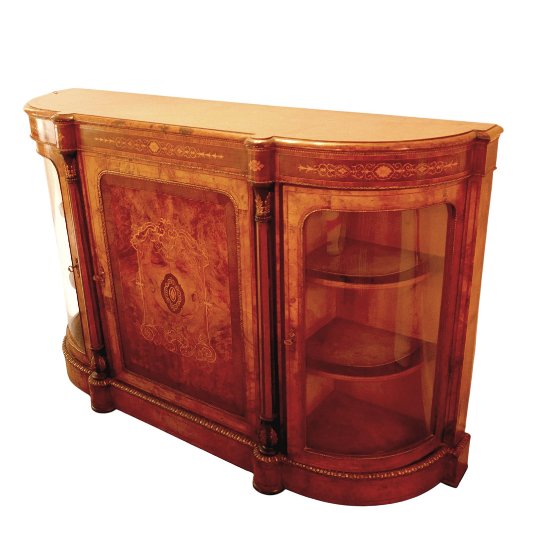 A VICTORIAN INLAID WALNUT CREDENZA.