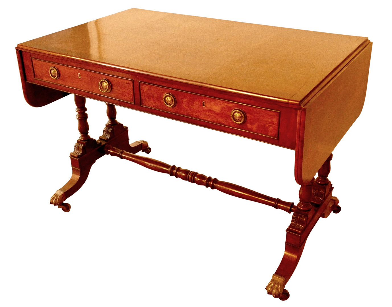A REGENCY MAHOGANY DROP LEAF SOFA TABLE.