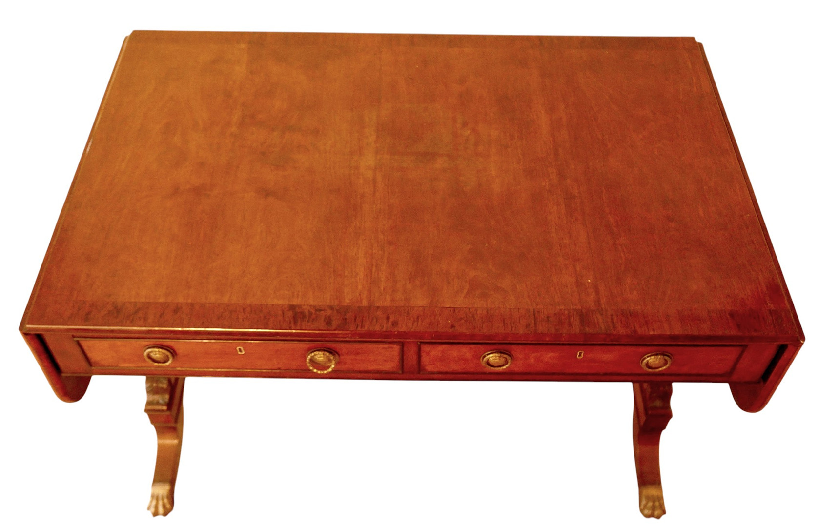 A REGENCY MAHOGANY DROP LEAF SOFA TABLE.