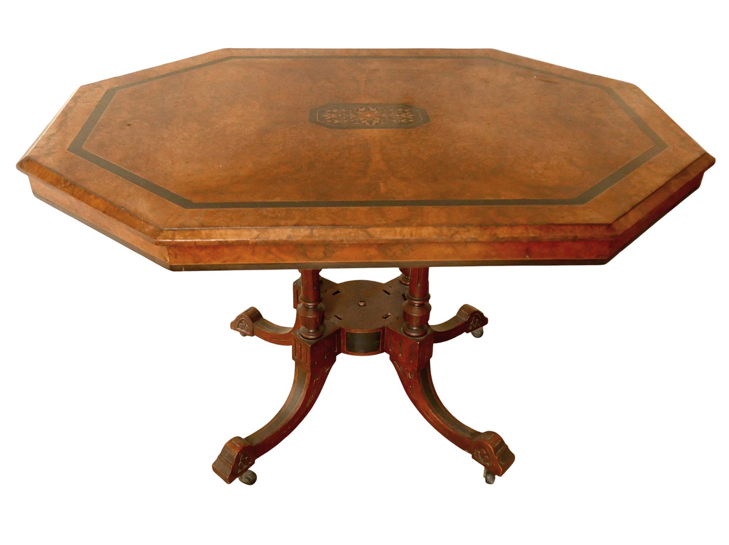 A VICTORIAN INLAID WALNUT OCTAGONAL BREAKFAST TABLE.