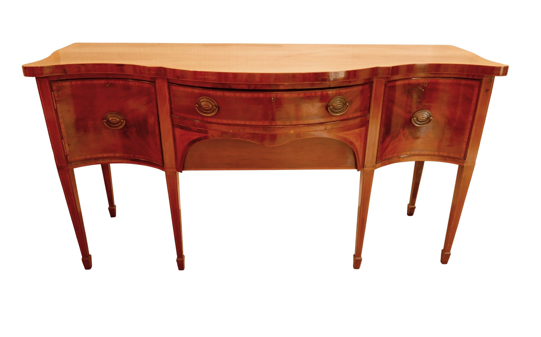 AN EDWARDIAN GEORGIAN STYLE SERPENTINE SIDEBOARD.