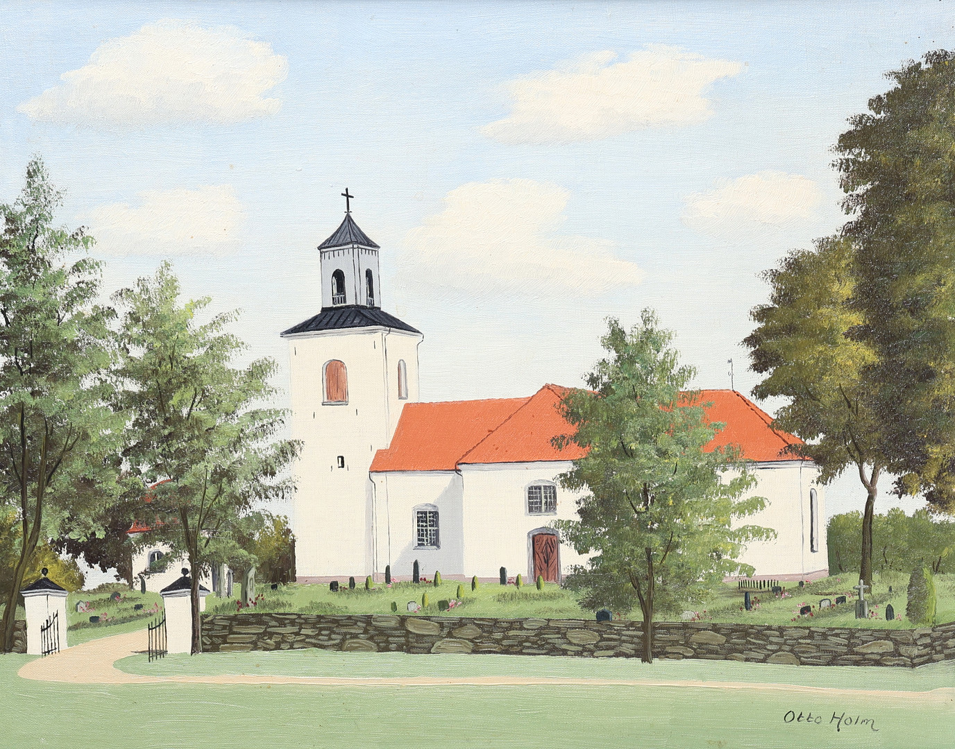 OTTO HOLM. Olja på pannå, motiv av kyrka, signerad.