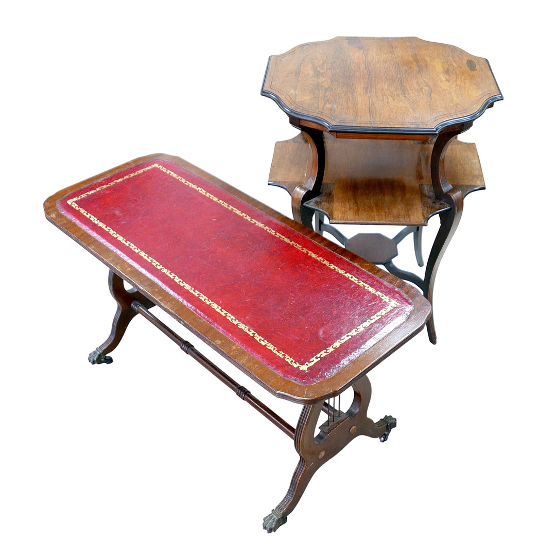 A COFFEE TABLE WITH INLAID LEATHER TOP AND A ROSEWOOD OCCASIONAL TABLE.