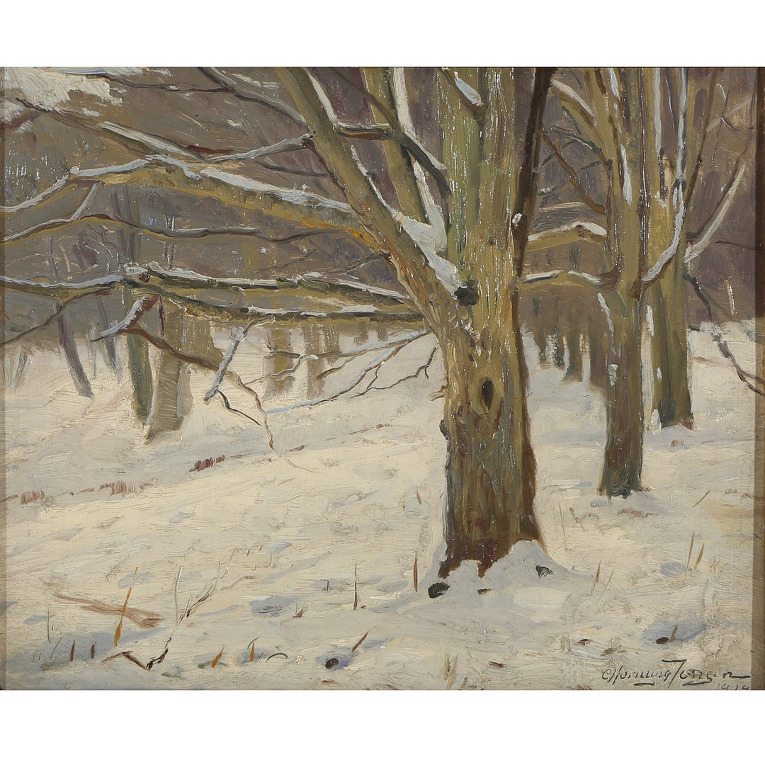 CARLO HORNUNG-JENSEN (1882-1960). Vinterlandskab med træer, olie på malerpap, 1924.