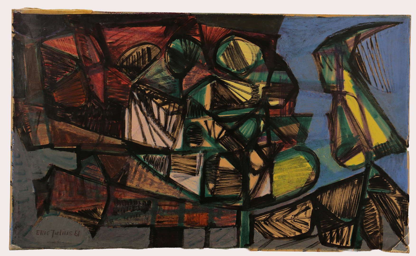 ERIK JULIUS. Blandteknik & krita, kvinnoporträtt & komposition, signerad, daterad 1961.