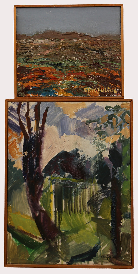 ERIK JULIUS. Olja på duk & pannå, "Afton" & komposition, signerad, daterad 1961.