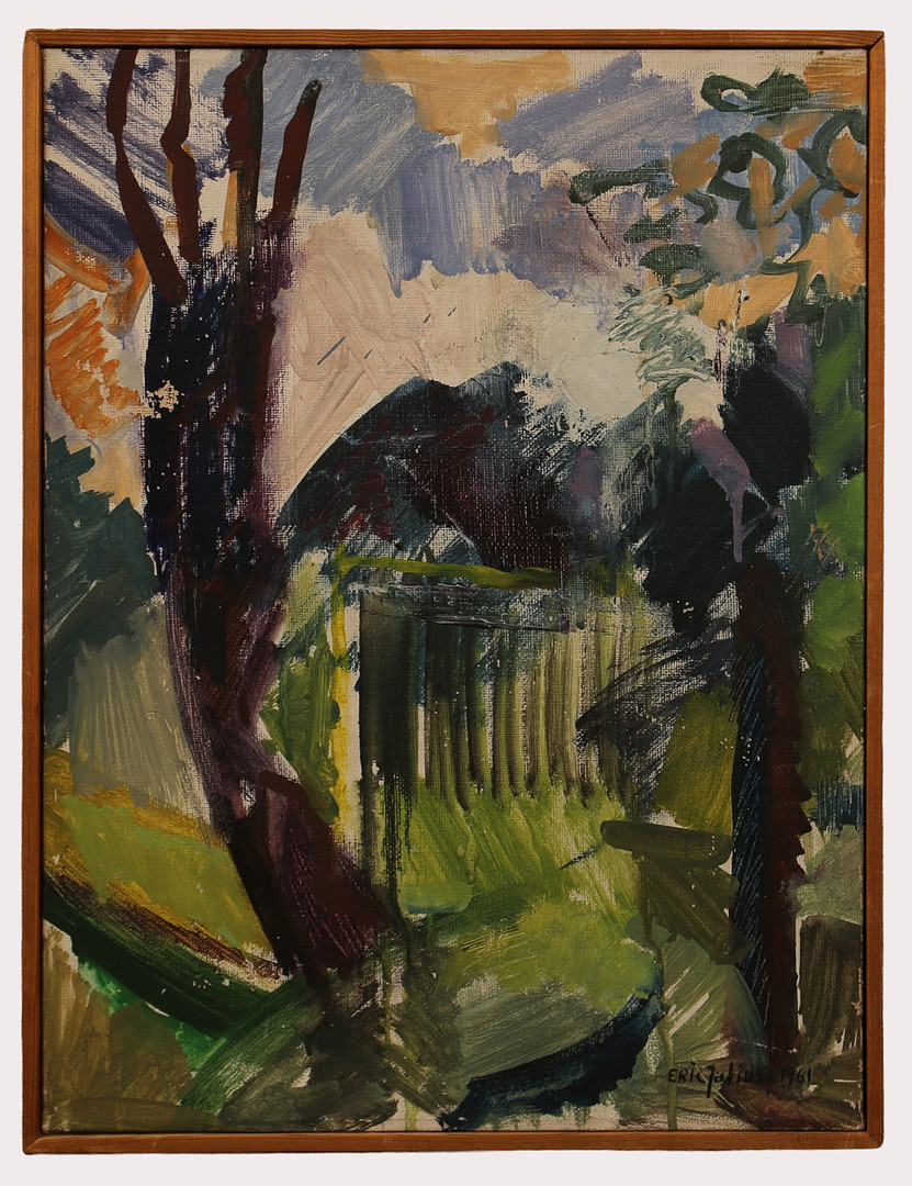 ERIK JULIUS. Olja på duk & pannå, "Afton" & komposition, signerad, daterad 1961.