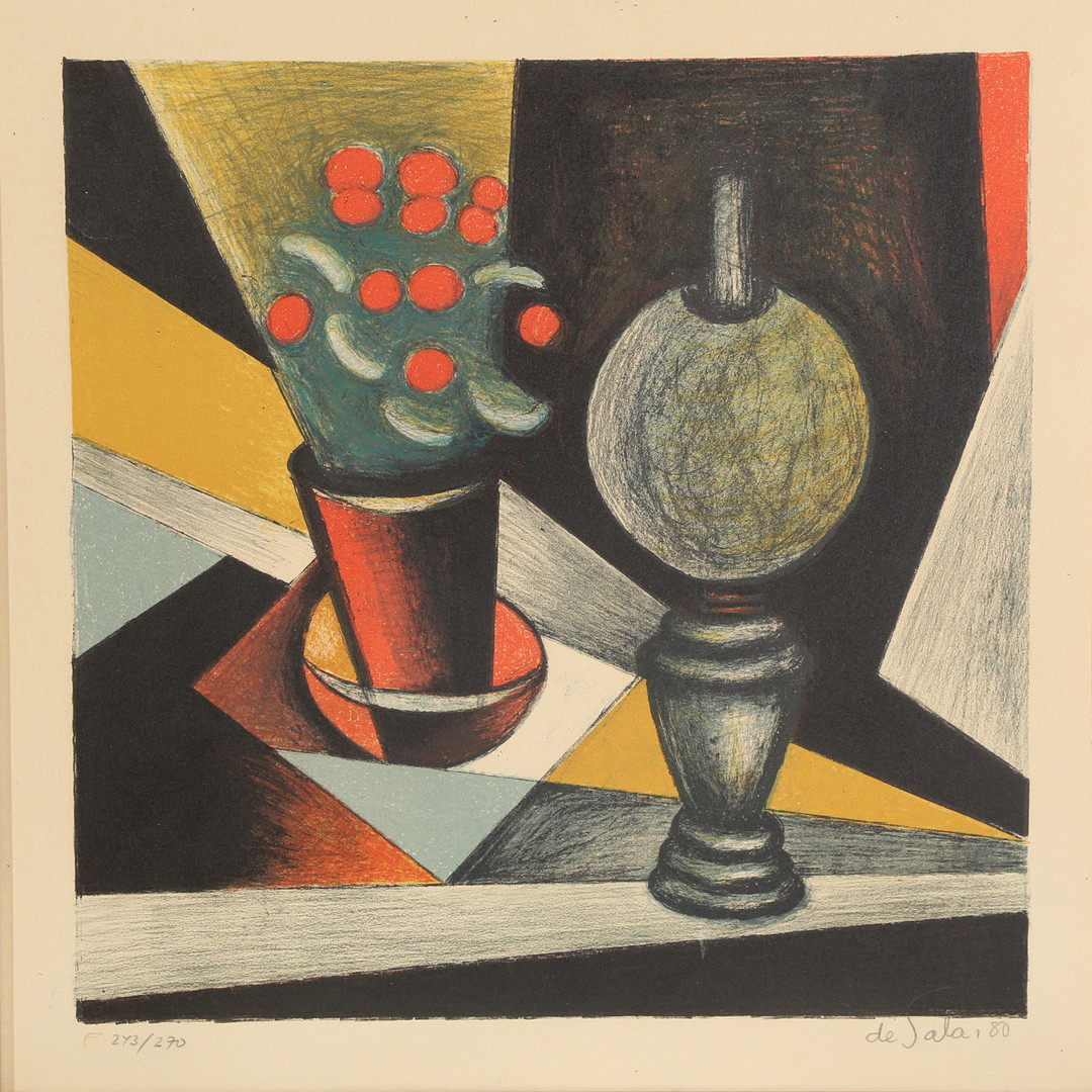 EUGÈNE DE SALA (1899-1987). Opstilling med olielampe og plante, litografi.